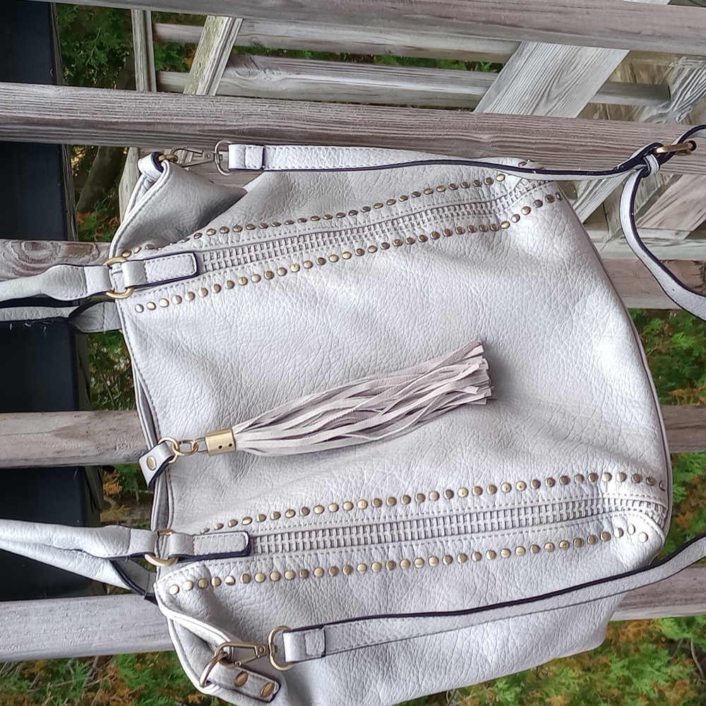 Jen & Co Vegan Leather Tote Light Gray Tassel Studded